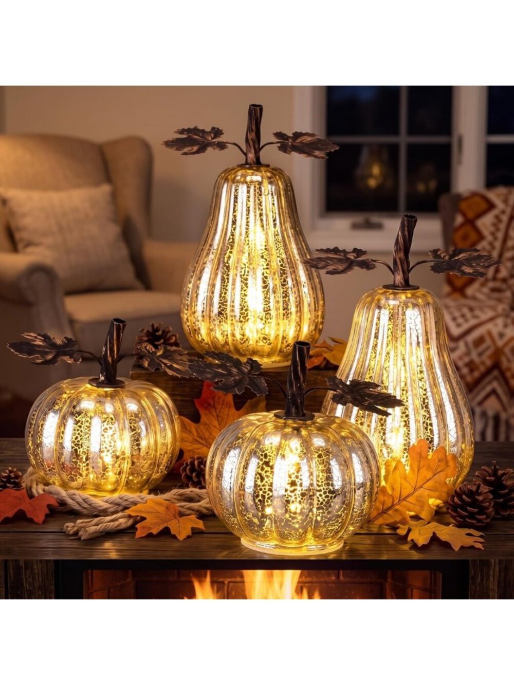 4 Pcs Lighted Glass Pumpkin Decor - Fall Thanksgiving Home Accent, Silver
